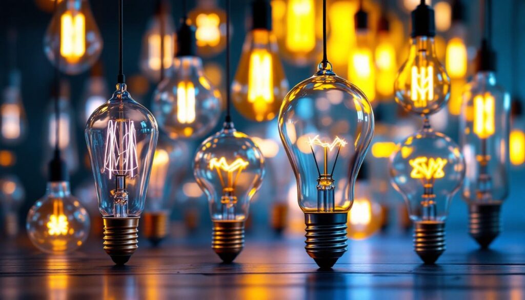 A photograph of a stunning array of beautifully designed light bulbs in a visually appealing setting