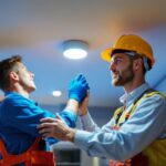 A photograph of a skilled lighting contractor retrofitting recessed lights in a modern home