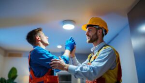 A photograph of a skilled lighting contractor retrofitting recessed lights in a modern home