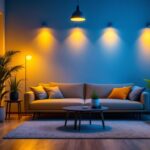 A photograph of a modern lighting installation featuring flouracent technology in a stylish indoor setting