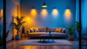 A photograph of a modern lighting installation featuring flouracent technology in a stylish indoor setting