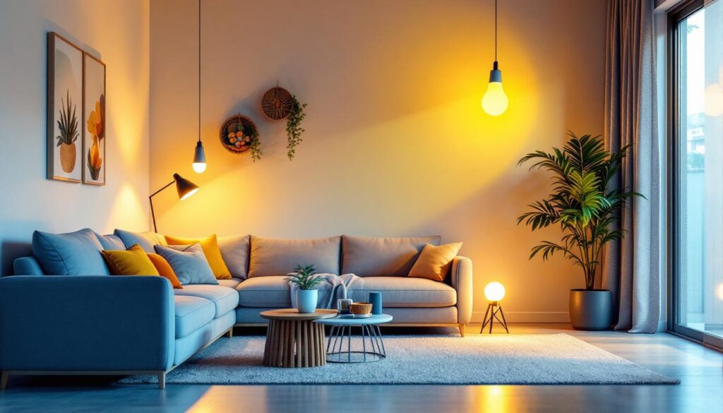 A photograph of a well-lit modern living space showcasing various energy-efficient light components