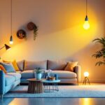 A photograph of a well-lit modern living space showcasing various energy-efficient light components