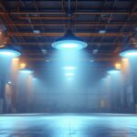 A photograph of a well-lit industrial space featuring ufo high bay lights in action