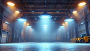 A photograph of a well-lit industrial space featuring ufo high bay lights in action