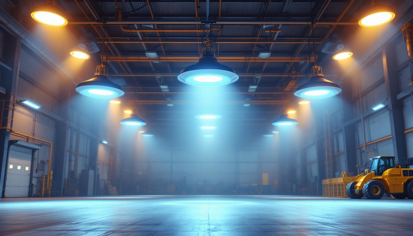 A photograph of a well-lit industrial space featuring ufo high bay lights in action