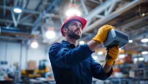 A photograph of a lighting contractor skillfully installing or bypassing a ballast in a commercial setting