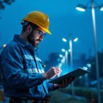 A photograph of a lighting contractor inspecting a well-lit outdoor area featuring pole led lights