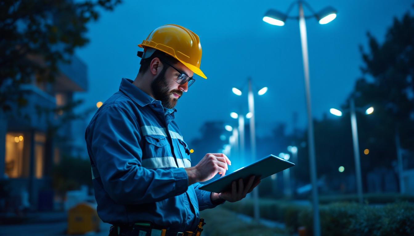 A photograph of a lighting contractor inspecting a well-lit outdoor area featuring pole led lights