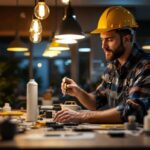 A photograph of a lighting contractor skillfully installing or converting led lamps in a modern commercial or residential setting