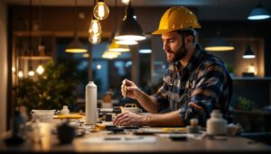 A photograph of a lighting contractor skillfully installing or converting led lamps in a modern commercial or residential setting