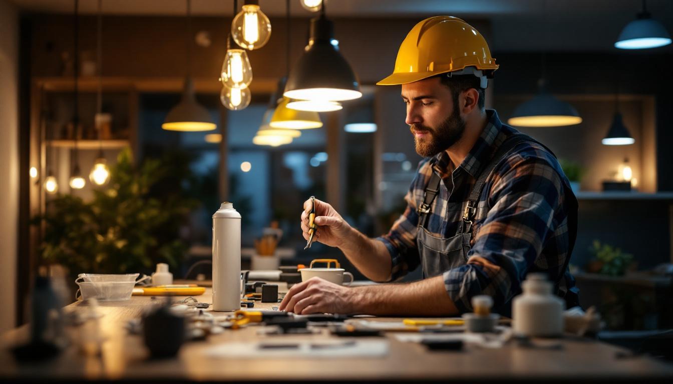 A photograph of a lighting contractor skillfully installing or converting led lamps in a modern commercial or residential setting