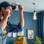 A photograph of a skilled lighting contractor installing a stylish pendant light in a modern home setting