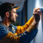 A photograph of a lighting contractor expertly installing automatic strip lights in a modern interior setting