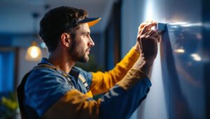 A photograph of a lighting contractor expertly installing automatic strip lights in a modern interior setting