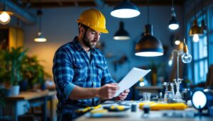 A photograph of a skilled lighting contractor at work