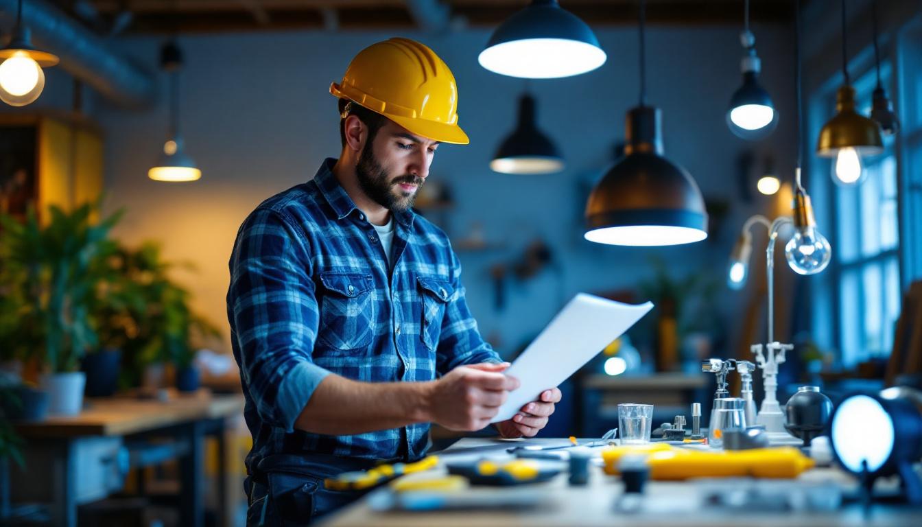 A photograph of a skilled lighting contractor at work
