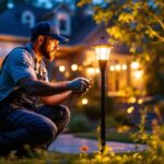 A photograph of a lighting contractor installing or adjusting outdoor propane lights in a beautifully landscaped backyard during twilight