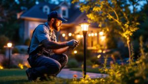 A photograph of a lighting contractor installing or adjusting outdoor propane lights in a beautifully landscaped backyard during twilight