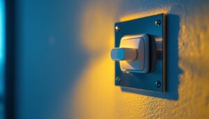 A photograph of a close-up shot of a 20 amp rocker switch being installed in a stylish lighting fixture