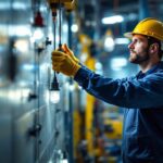 A photograph of a lighting contractor installing explosion-proof led lights in an industrial setting