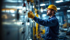 A photograph of a lighting contractor installing explosion-proof led lights in an industrial setting