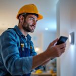 A photograph of a lighting contractor installing a recessed lighting motion sensor in a modern home setting