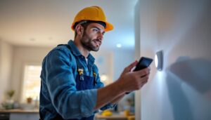 A photograph of a lighting contractor installing a recessed lighting motion sensor in a modern home setting