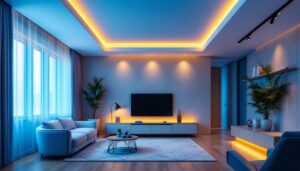 A photograph of a modern living space featuring 6-inch canless recessed lighting installed in the ceiling