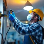 A photograph of a lighting contractor at work
