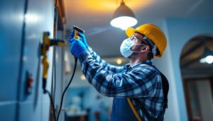 A photograph of a lighting contractor at work