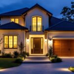 A photograph of a beautifully illuminated residential exterior at dusk