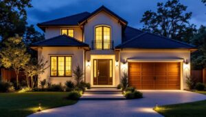 A photograph of a beautifully illuminated residential exterior at dusk