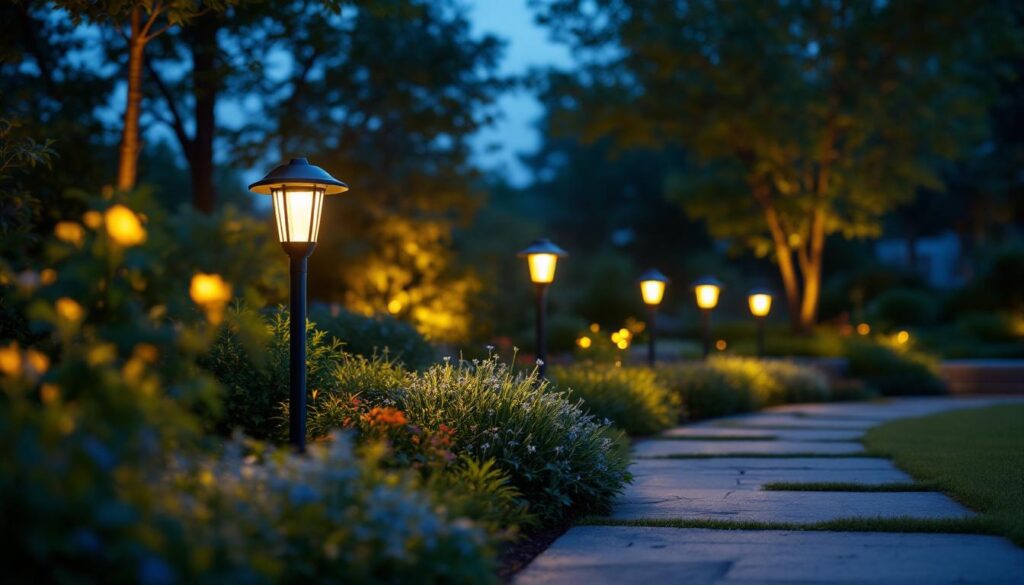 A photograph of a beautifully landscaped outdoor space illuminated by various stylish solar lights at dusk