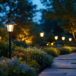 A photograph of a beautifully landscaped outdoor space illuminated by various stylish solar lights at dusk