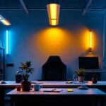 A photograph of a well-lit workspace featuring 8-foot fluorescent light tubes illuminating various settings