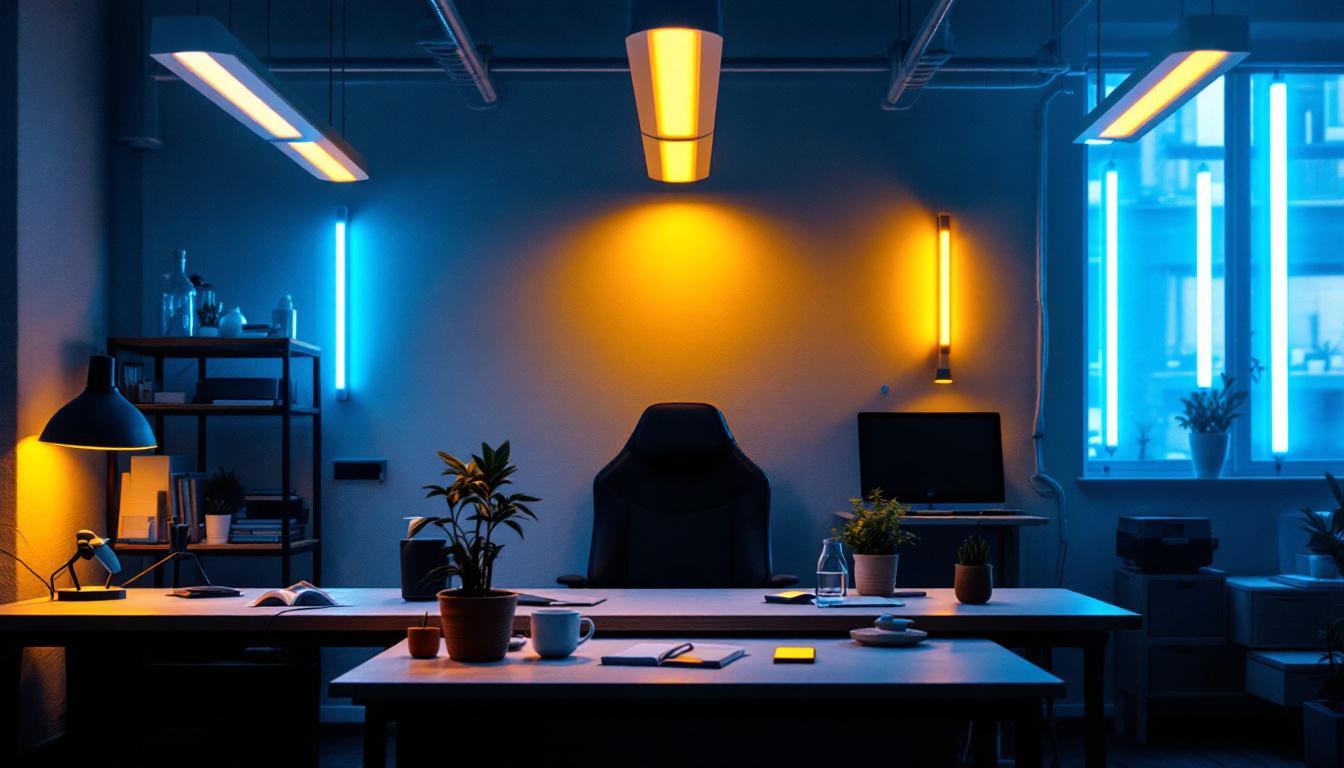 A photograph of a well-lit workspace featuring 8-foot fluorescent light tubes illuminating various settings