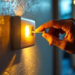 A photograph of a lighting contractor installing or adjusting a button photocell in a residential or commercial setting