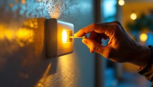 A photograph of a lighting contractor installing or adjusting a button photocell in a residential or commercial setting