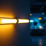 A photograph of a t11 fluorescent tube illuminated in a modern workspace