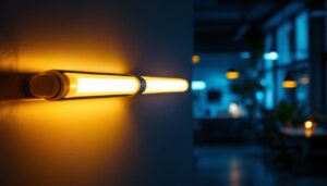 A photograph of a t11 fluorescent tube illuminated in a modern workspace