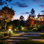 A photograph of a beautifully lit outdoor space at dusk
