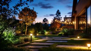 A photograph of a beautifully lit outdoor space at dusk