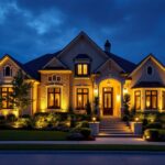A photograph of a beautifully lit home exterior showcasing the dramatic effect of uplights illuminating architectural features and landscaping