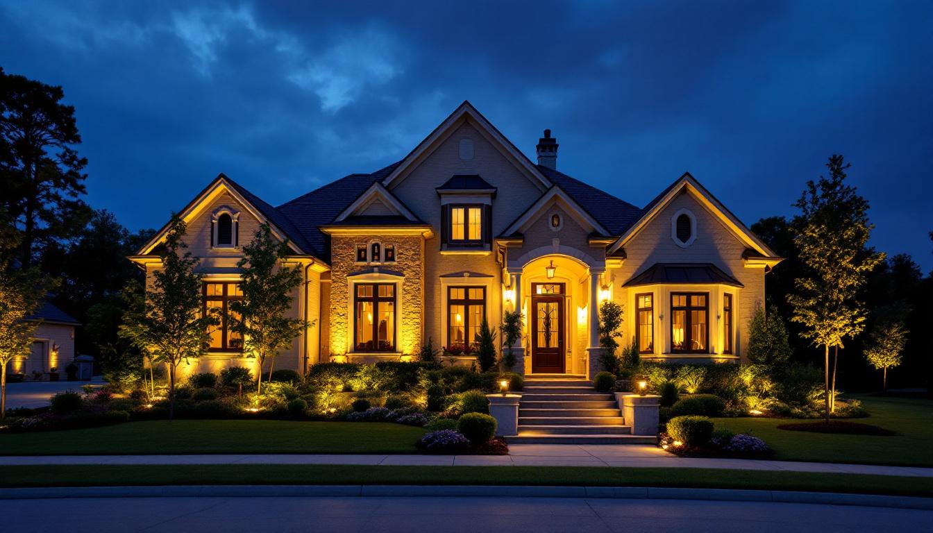 A photograph of a beautifully lit home exterior showcasing the dramatic effect of uplights illuminating architectural features and landscaping