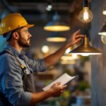 A photograph of a lighting contractor examining a stylish pendant light in a well-lit showroom