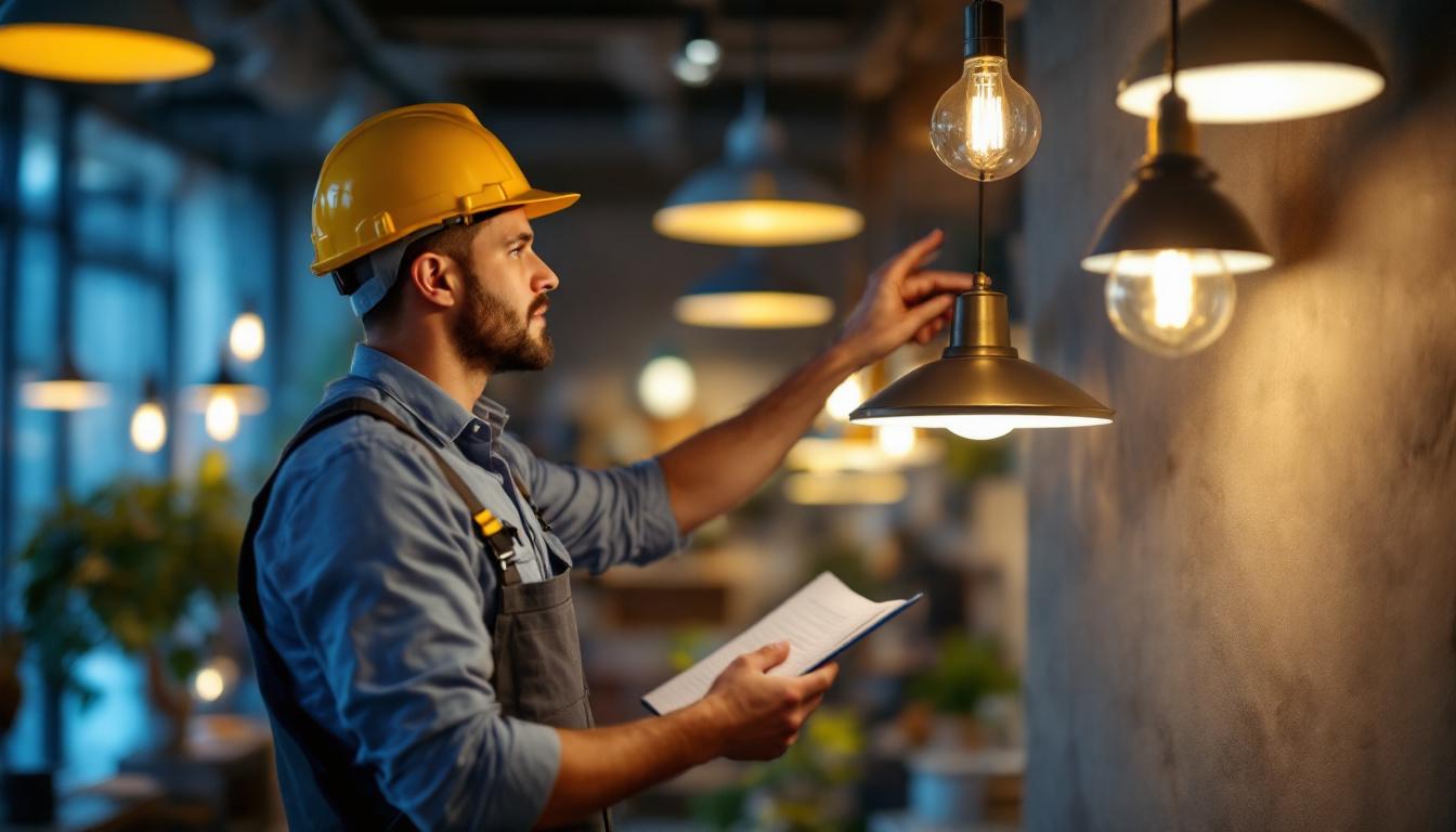 A photograph of a lighting contractor examining a stylish pendant light in a well-lit showroom