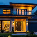 A photograph of a well-lit modern home exterior at dusk