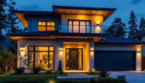A photograph of a well-lit modern home exterior at dusk