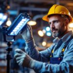 A photograph of a skilled lighting contractor working with a led lamp driver in a well-lit workshop